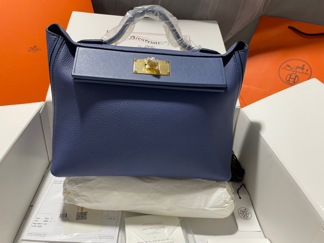 Hermes Kelly 2424 29cm Handbag in Blue Thalassa Clemence Leather 